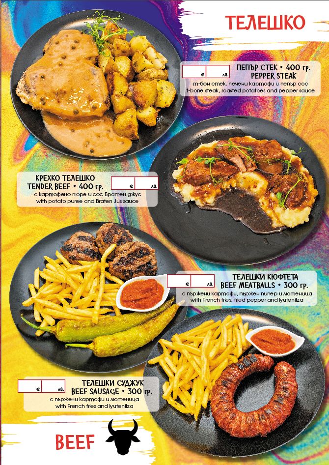 Colorful menu page displaying beef dishes: pepper steak, tender beef with potatoes and Jus sauce, beef meatballs with fries and red sauce, and beef sausage with french fries and dipping sauce.
