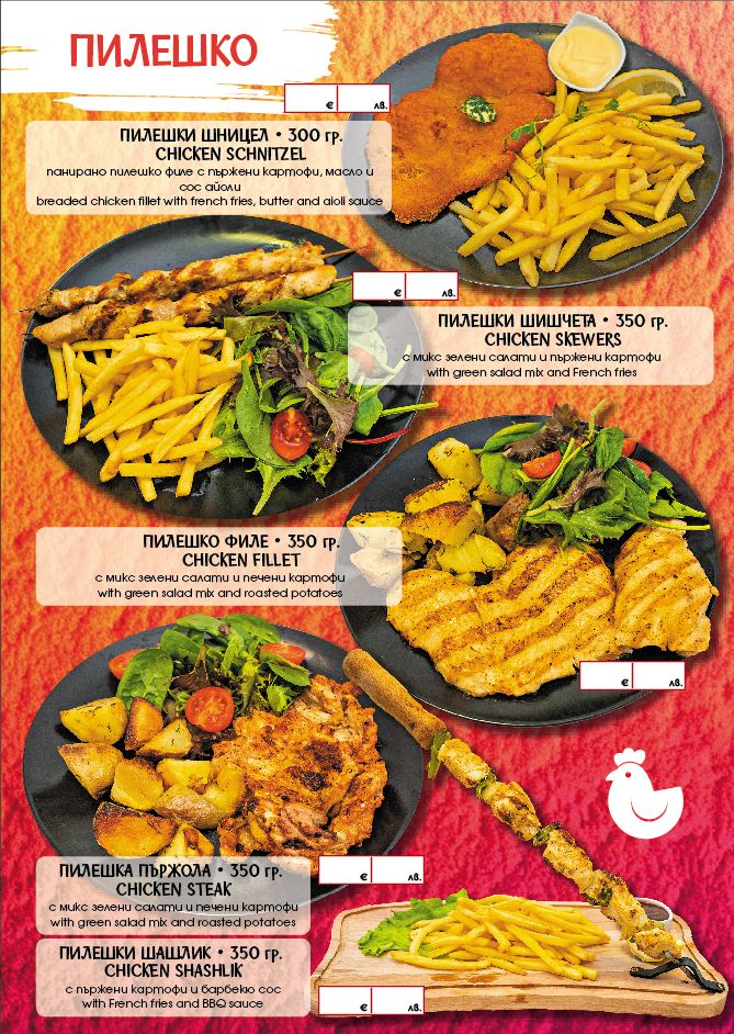 Menu page featuring Bulgarian chicken dishes: Chicken Schnitzel with fries and aioli, chicken skewers, chicken fillet with greens and roasted potatoes, chicken steak, and chicken shashlik with fries.
