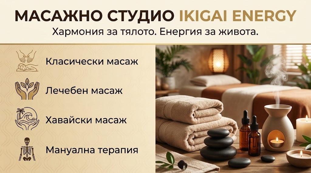 Advertising banner for Ikigai Energy Massage Studio in Bulgarian: Klassicheski masazh, Lecheben masazh, KhaVaiski masazh, Manualna terapiya; photo shows folded towels, massage stones, essential oils and a diffuser.